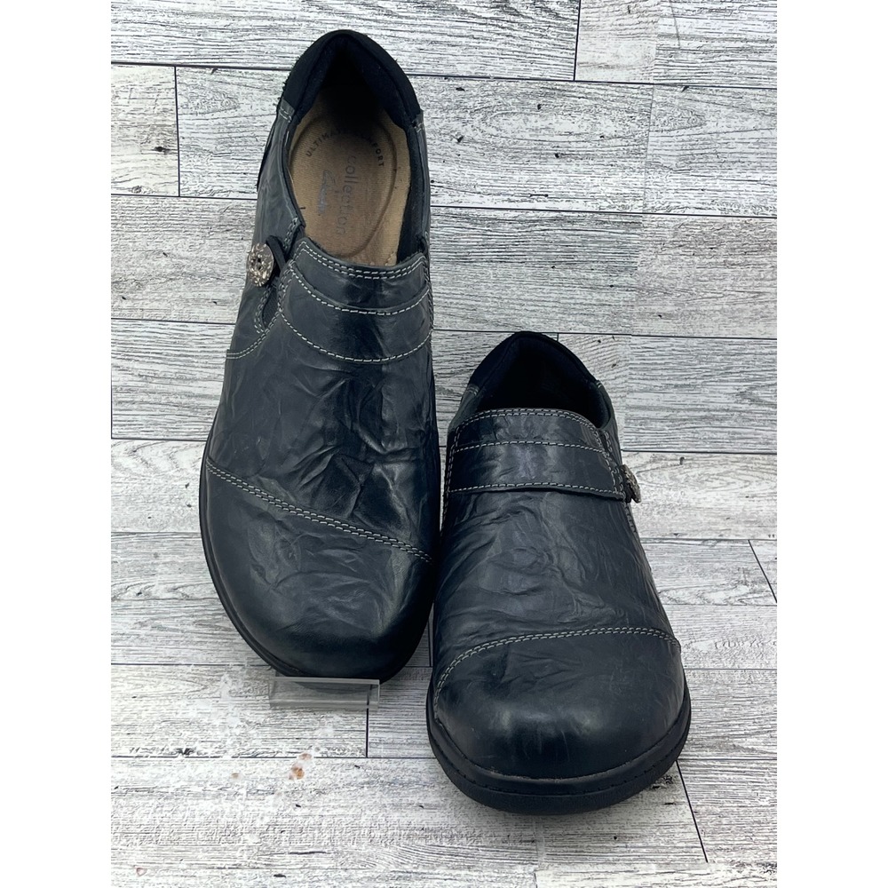 Clarks Collection Cheyn Madi Black Leather Ruched Slip On Loafers Women Sz 7.5M